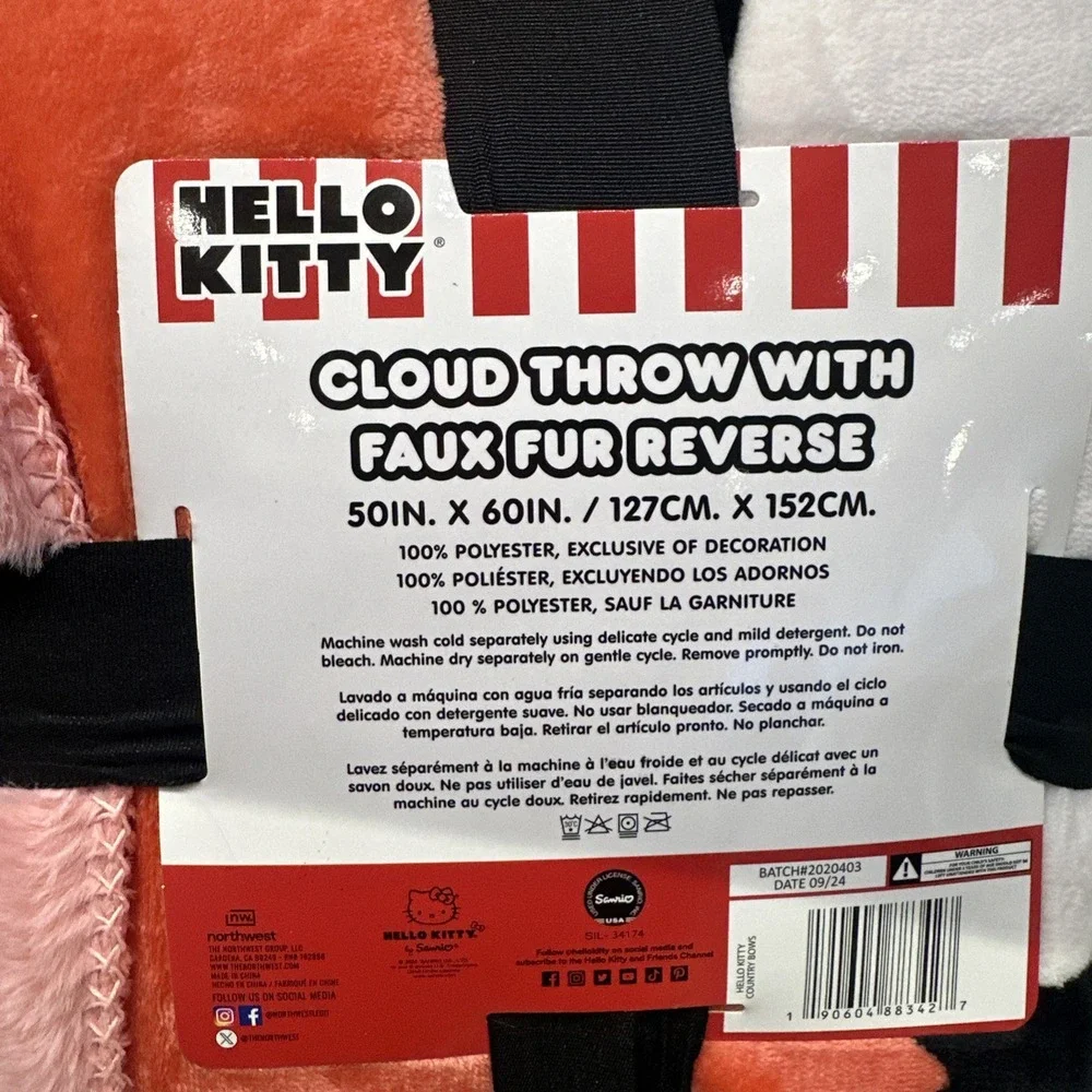 Hello Kitty Country‎ Bows Silky Soft Cloud Throw With Faux Fur Blanket 50